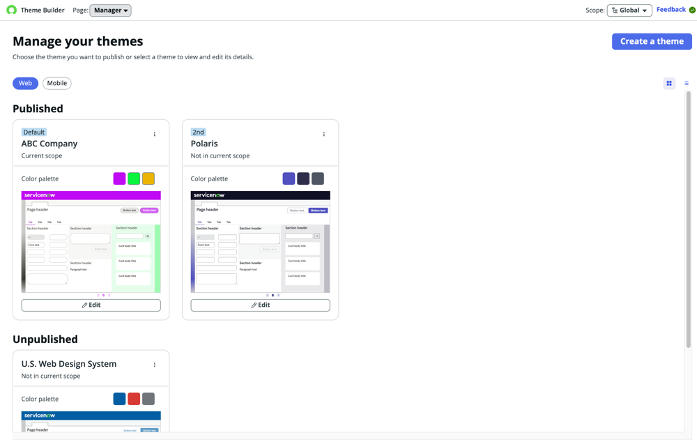 Theme Builder Manager page.