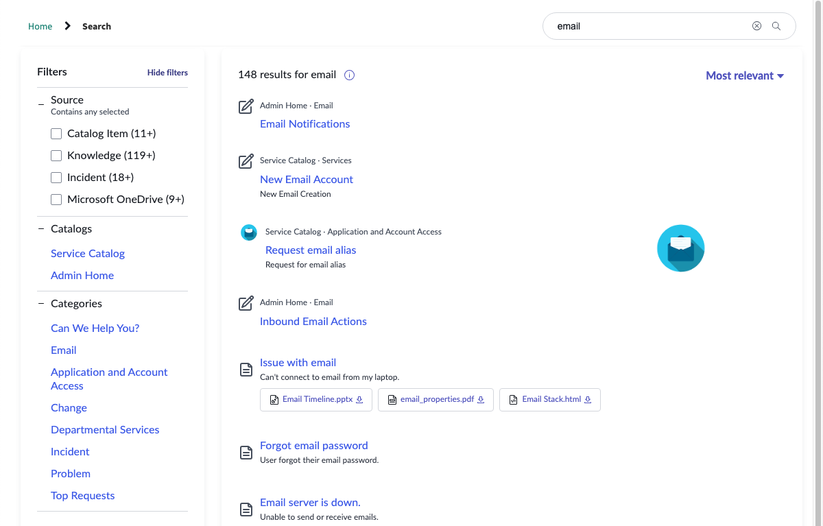 Faceted Search widget showing "email" search results with available facet filters