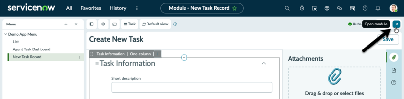 Arrow pointing the open module icon in the header.