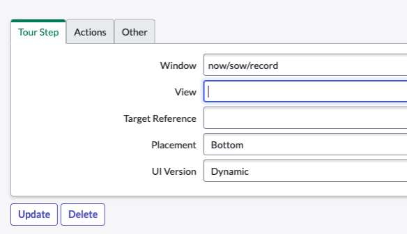 In the Tour Step tab enter a view name.