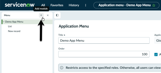 Arrow pointing the add module icon in the header.