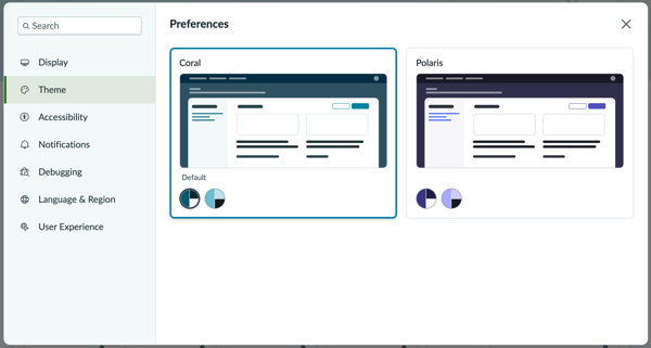 Theme preference with Polaris and Coral themes displayed.