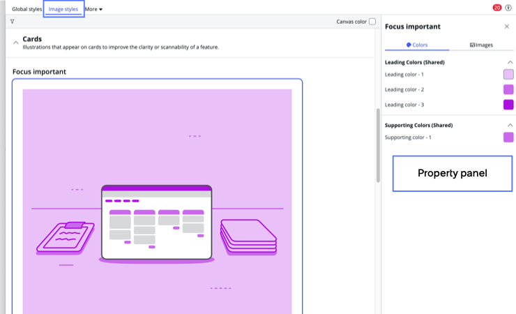 Image styles tab selected with card illustrations listed on main stage and property panel opened.