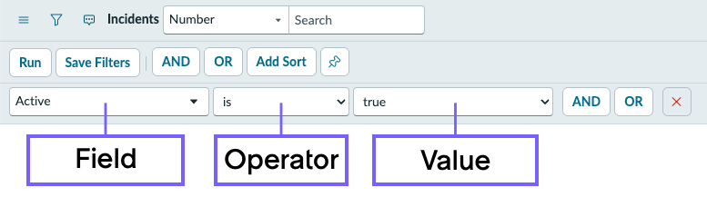 Condition builder with the Active field, the is operator, and the true value highlighted.