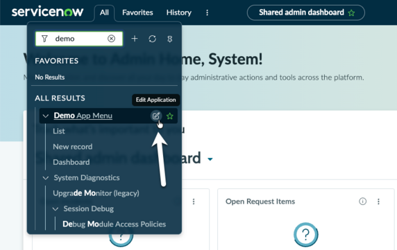 Arrow pointing the edit application icon in the all menu.