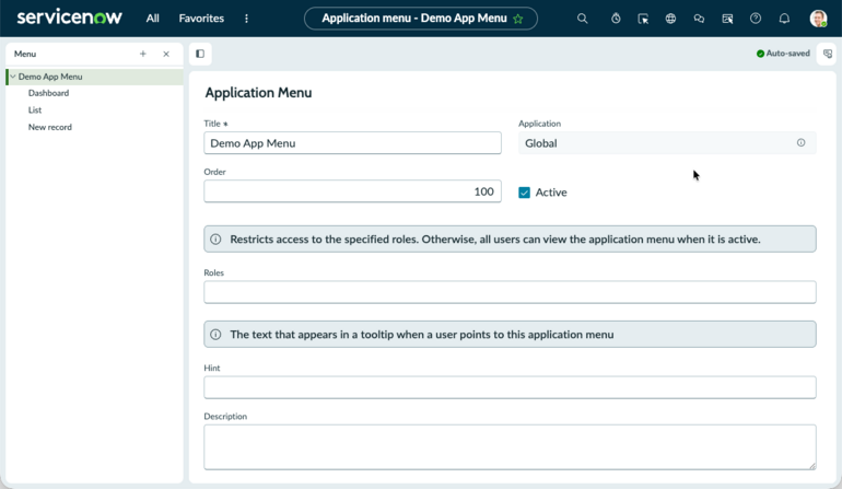 Next Experience All Menu editor displays the application menu configuration fields.