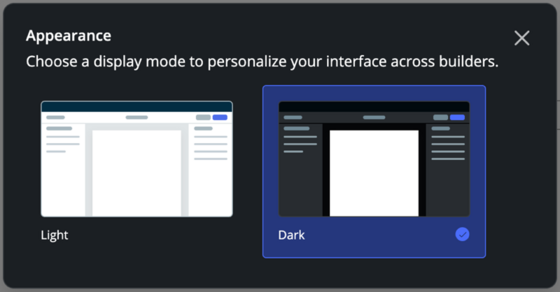 Theme Builder display mode options modal with Dark mode selected.