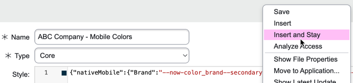 Cloned Mobile Colors style record with Insert and Stay option selected.
