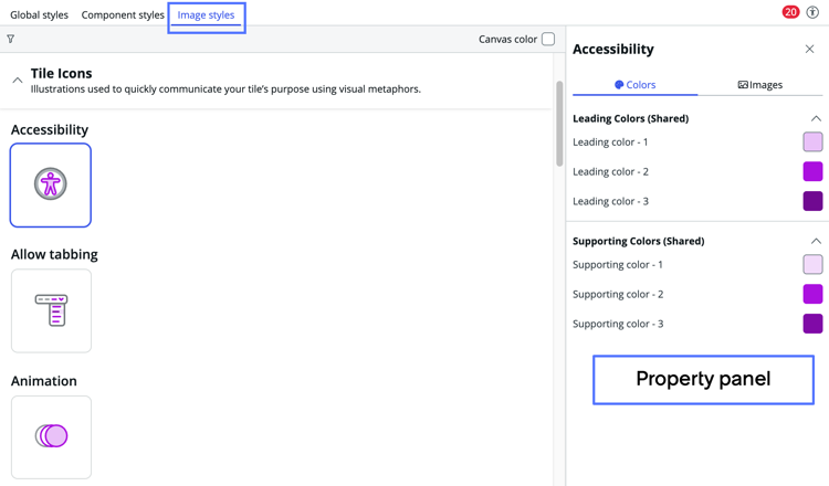 Image styles tab selected with tile icon illustrations listed on main stage and property panel opened.