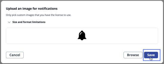 Upload image modal with custom image displayed and Save selected.