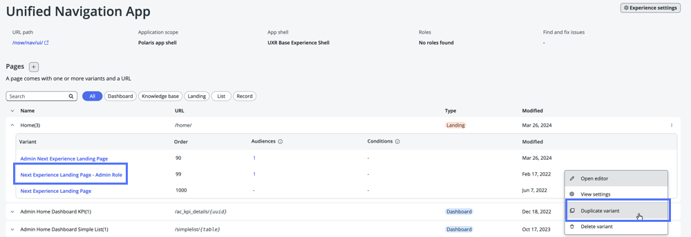 UI Builder unified navigation landing page more options menu with Duplicate highlighted