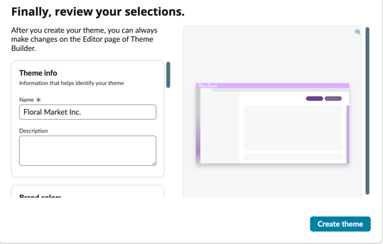 Final review screen showing theme information, brand colors, and a preview before creating the theme.