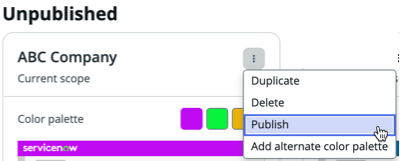 More actions menu opened with Publish selected.