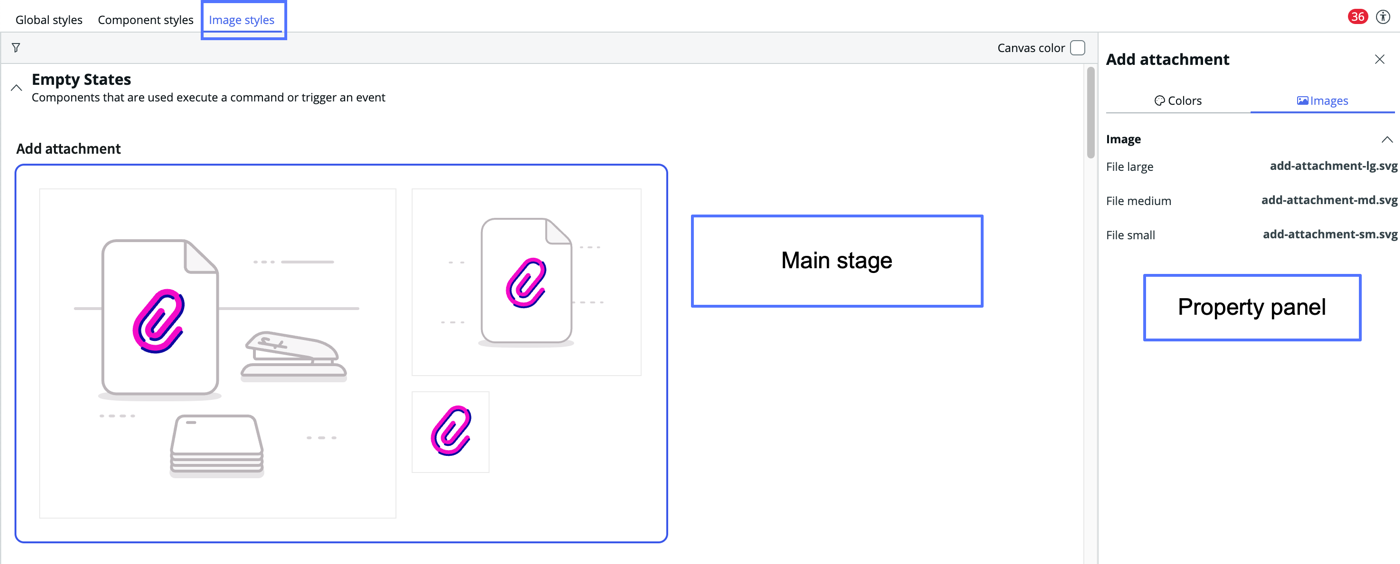 Image styles tab selected with empty state illustrations listed on main stage and property panel opened.