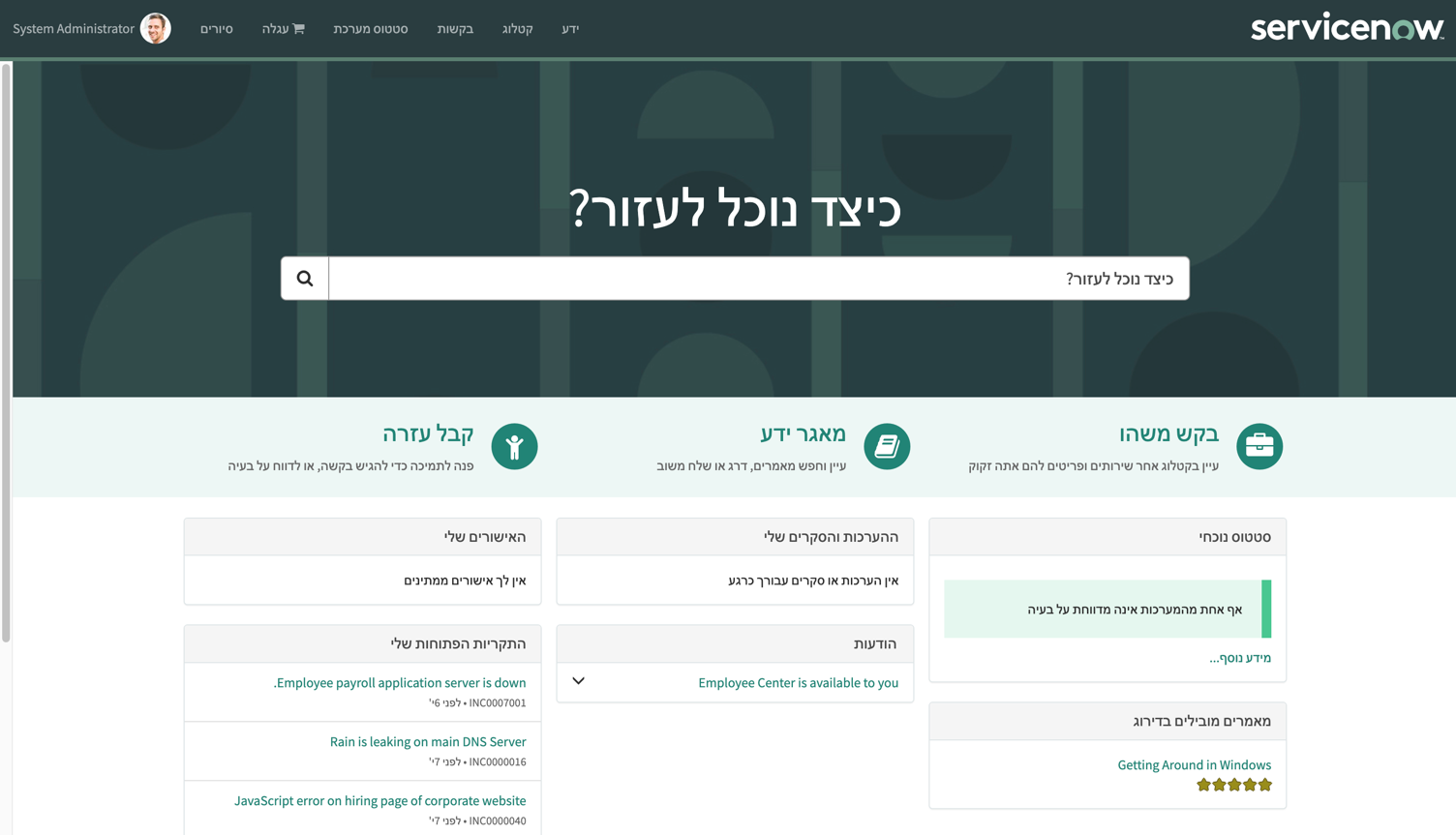 Service Portal user interface direction mirrored with Hebrew as the session language