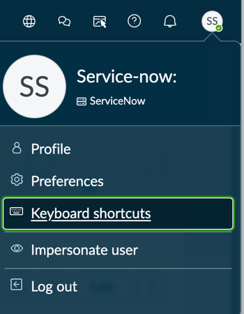 User menu with Keyboard Shortcuts displayed.