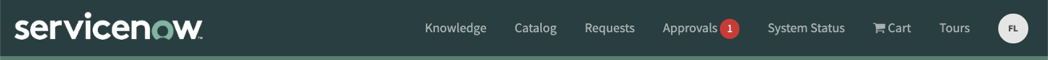 Header Menu widget with Knowledge, Service Catalog, Requests, System Status, Cart, and a user profile avatar as the menu items