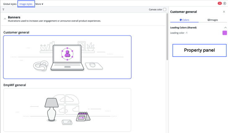 Image styles tab selected with banner illustrations listed on main stage and property panel opened.