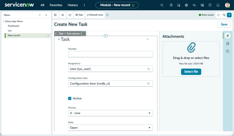 Next Experience All Menu editor showing the new record module configuration screen.