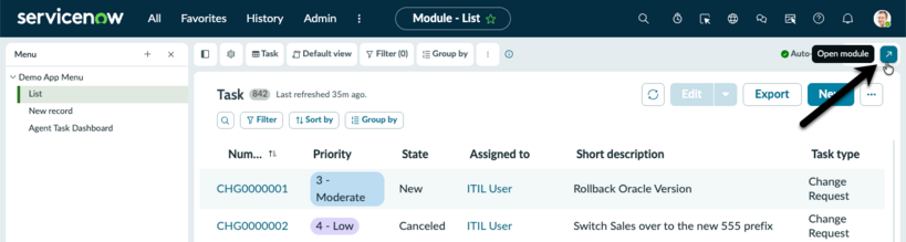 Arrow pointing the open module icon in the header.