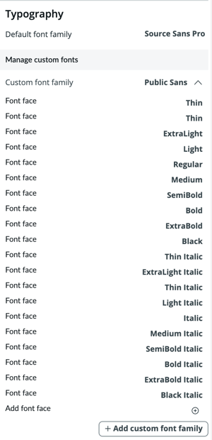 Typography section with new custom font family and font faces listed.