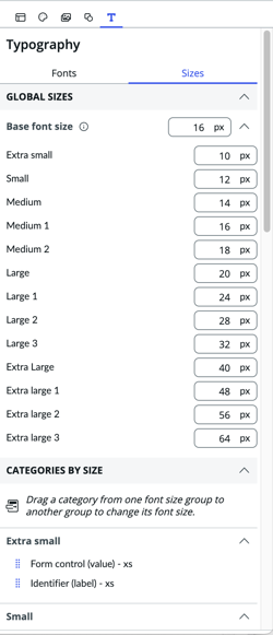 Typography with Sizes selected.