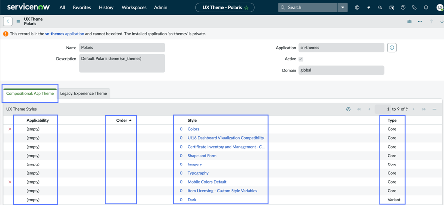 Next Experience Polaris UX theme main record with Applicability, Order, Style and Type columns highlighted