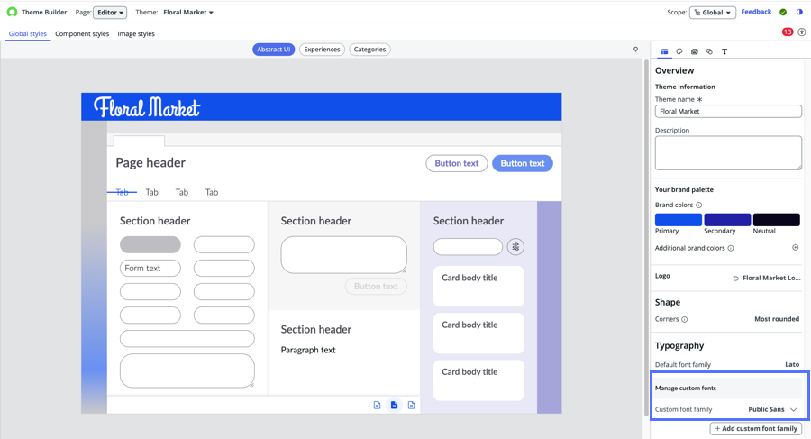 Example view of the Editor page with custom font listed.