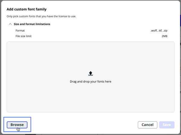 Add custom font family modal with Browse selected.
