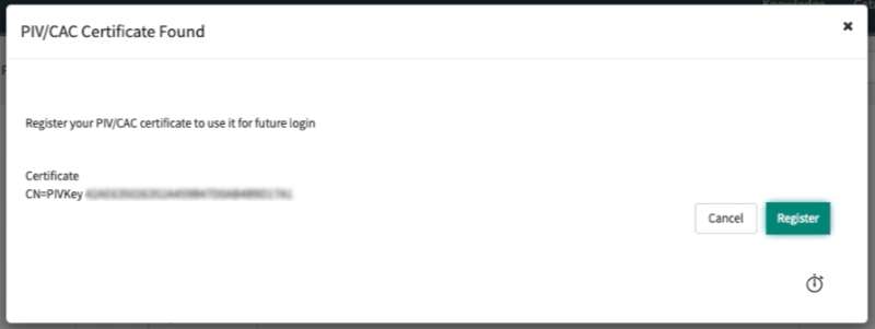 Dialog box to register your PIV/CAC certificate