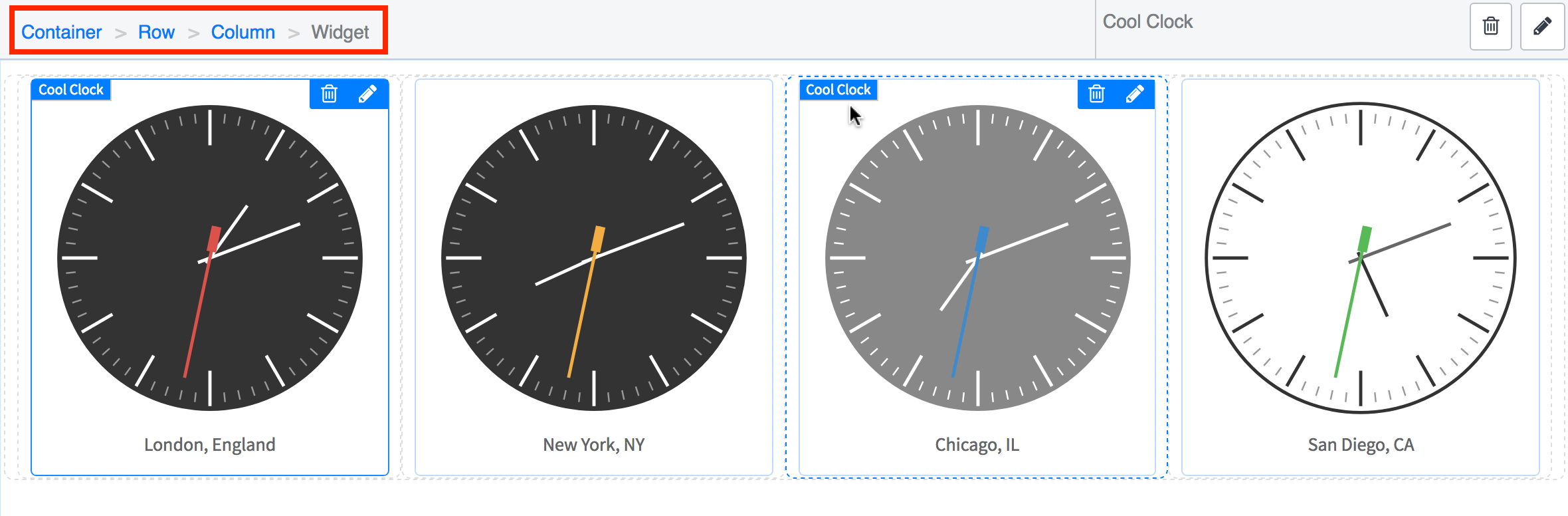 Cool clocks widgets with a widget selected and the breadcrumbs at the top of the page highlighted