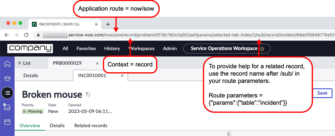A labeled image highlighting parts of the URL used in the guidance record fields.