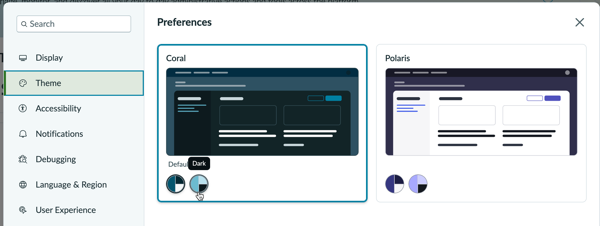 Theme choices within the Theme user preference.