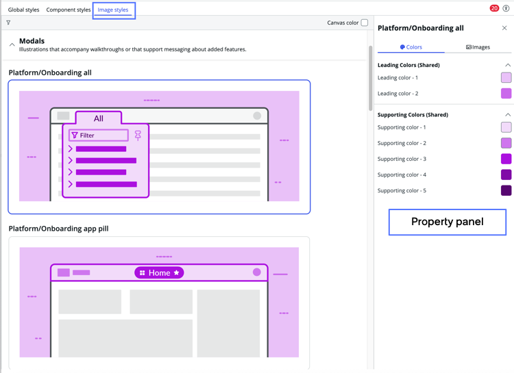 Image styles tab selected with modal illustrations listed on main stage and property panel opened.