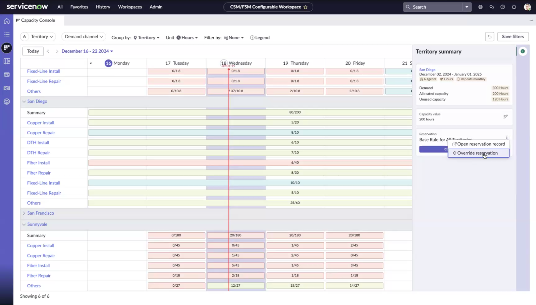 Capacity console contextual side panel showcasing the options to open the reservation record and override reservation.
