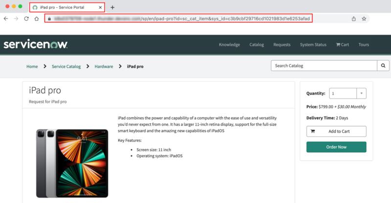 URL パラメーターで指定されたカタログアイテムsys_idに基づく動的なページタイトルと URL キーワード