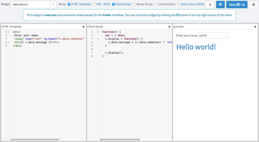 IDE で HTML とクライアントスクリプトを表示する Hello World 1 ウィジェット