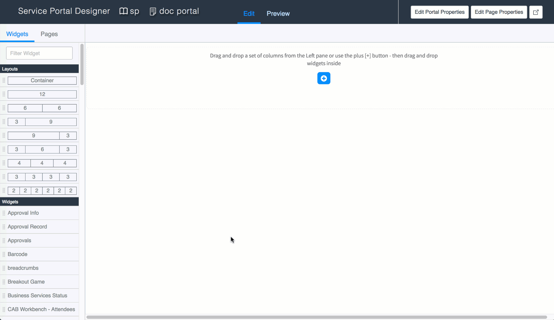 コンテナ、レイアウト、ウィジェットをページにドラッグする方法を示す GIF