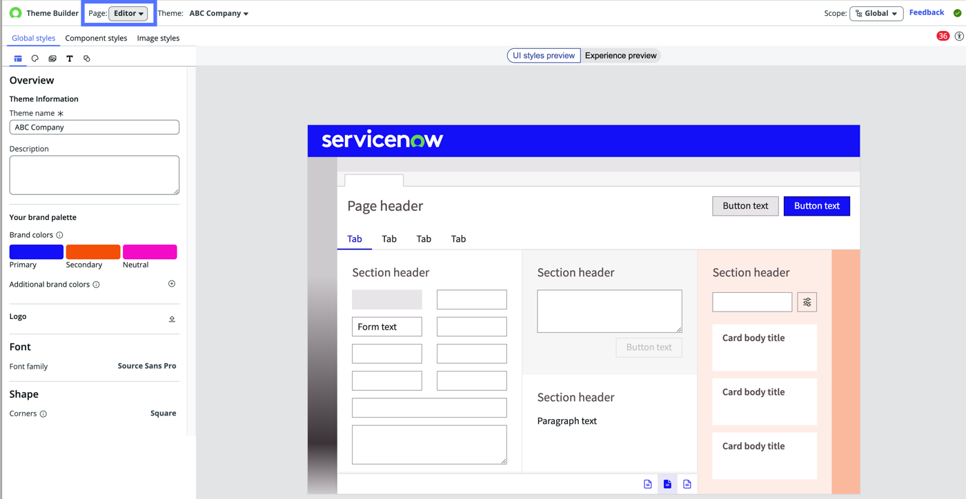 Example view of the Editor page.