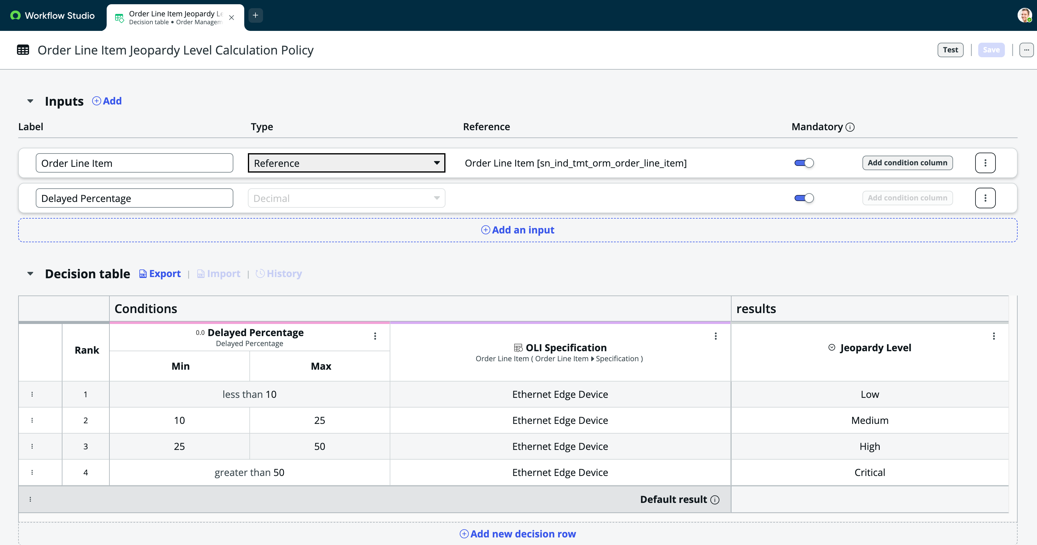 The image shows the Order Line Item Jeopardy Level Calculation policy window in Workflow Studio.