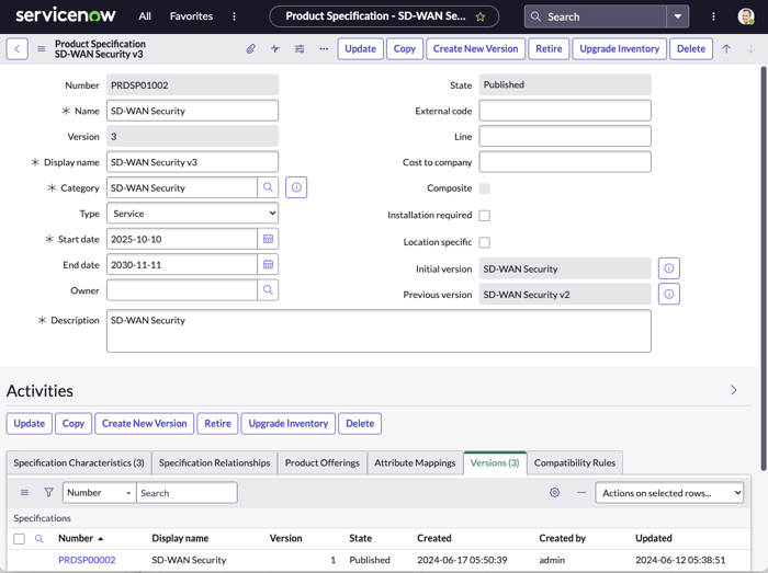 Image shows the Product Specification window that let managers update specification version.
