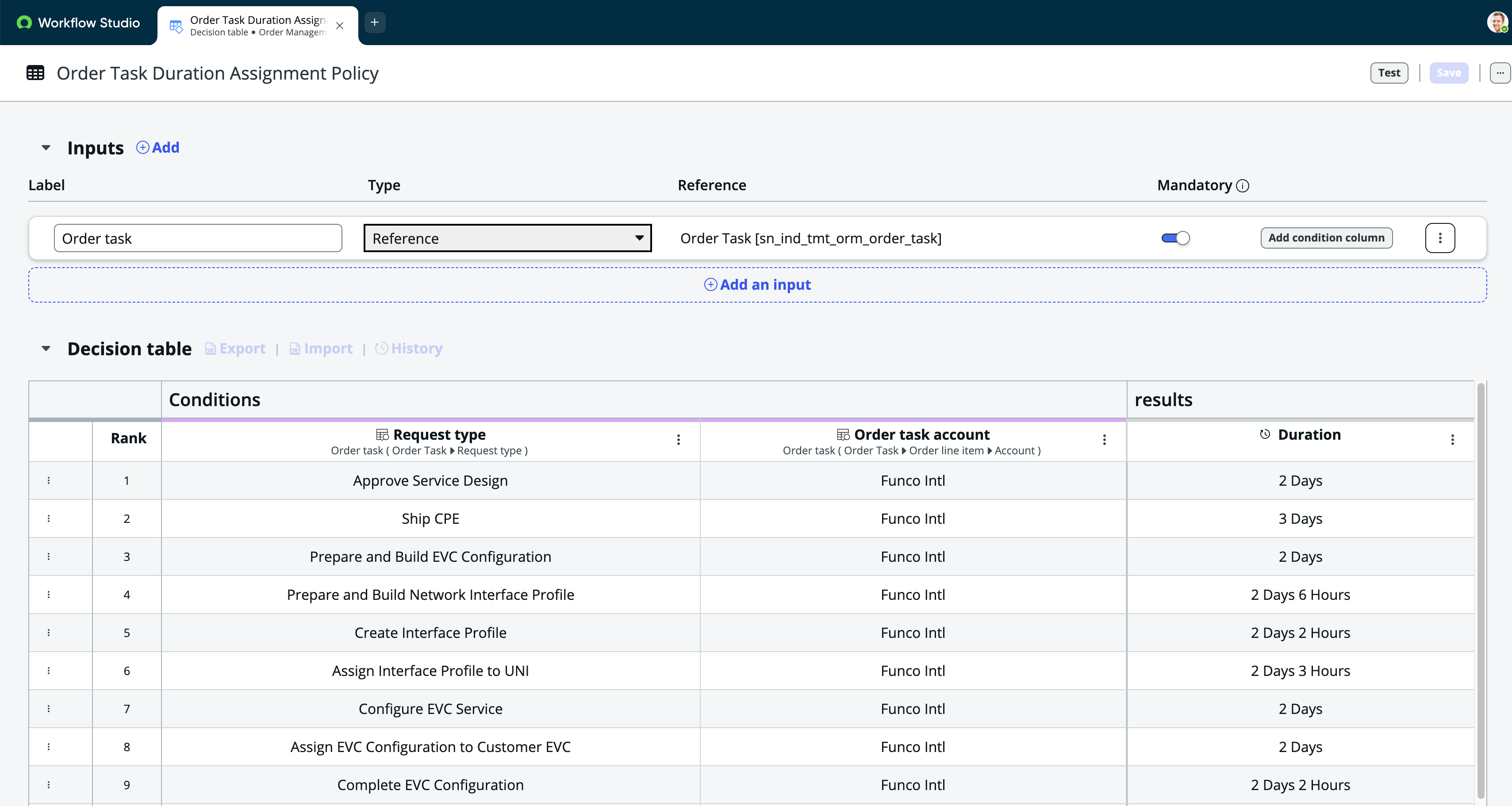 The image shows the Order Task Duration Assignment policy window in Workflow Studio.