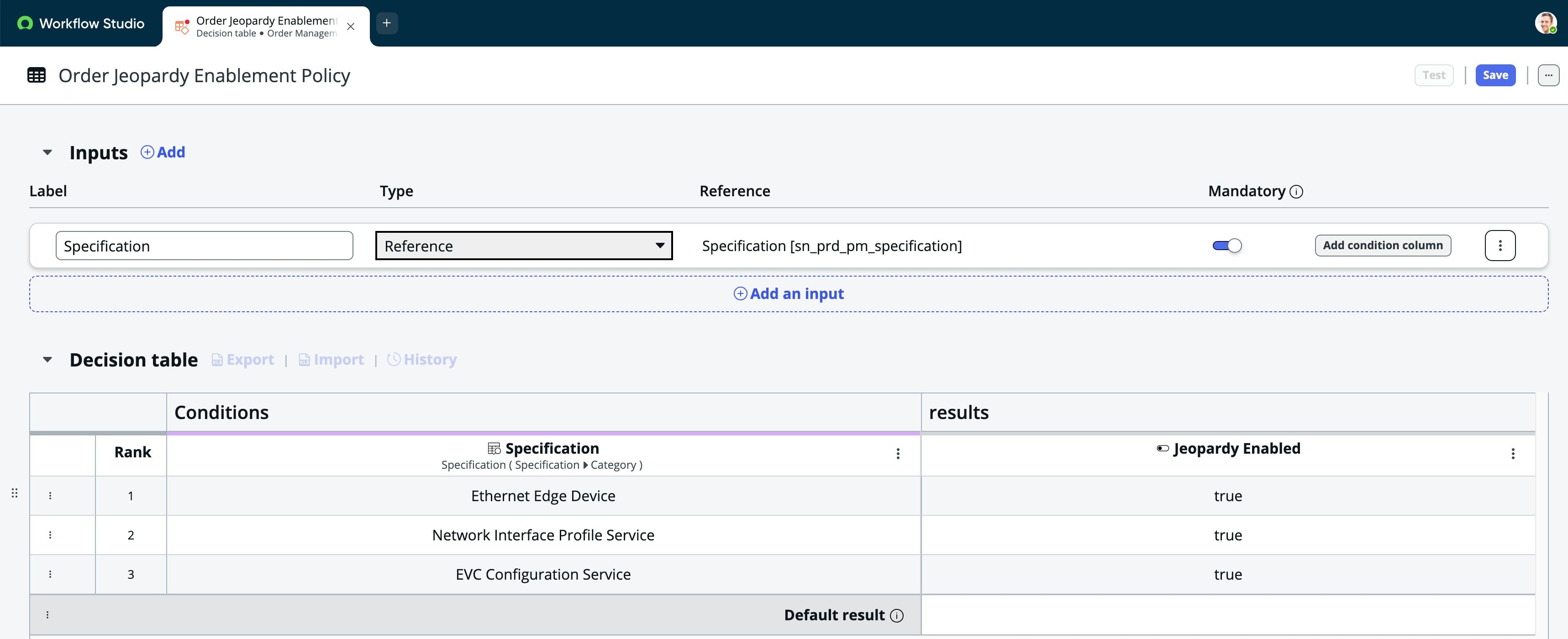 Order Jeopardy Enablement Policy in Workflow Studio.