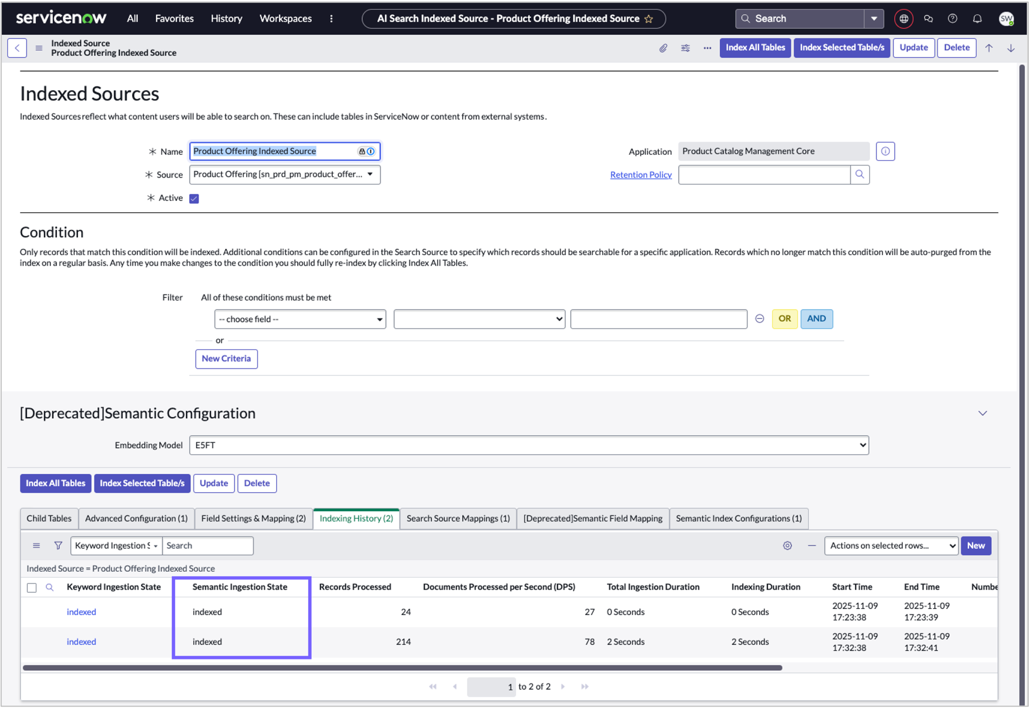 Indexing History that shows the indexing of the Product Offering Indexed Source was completed