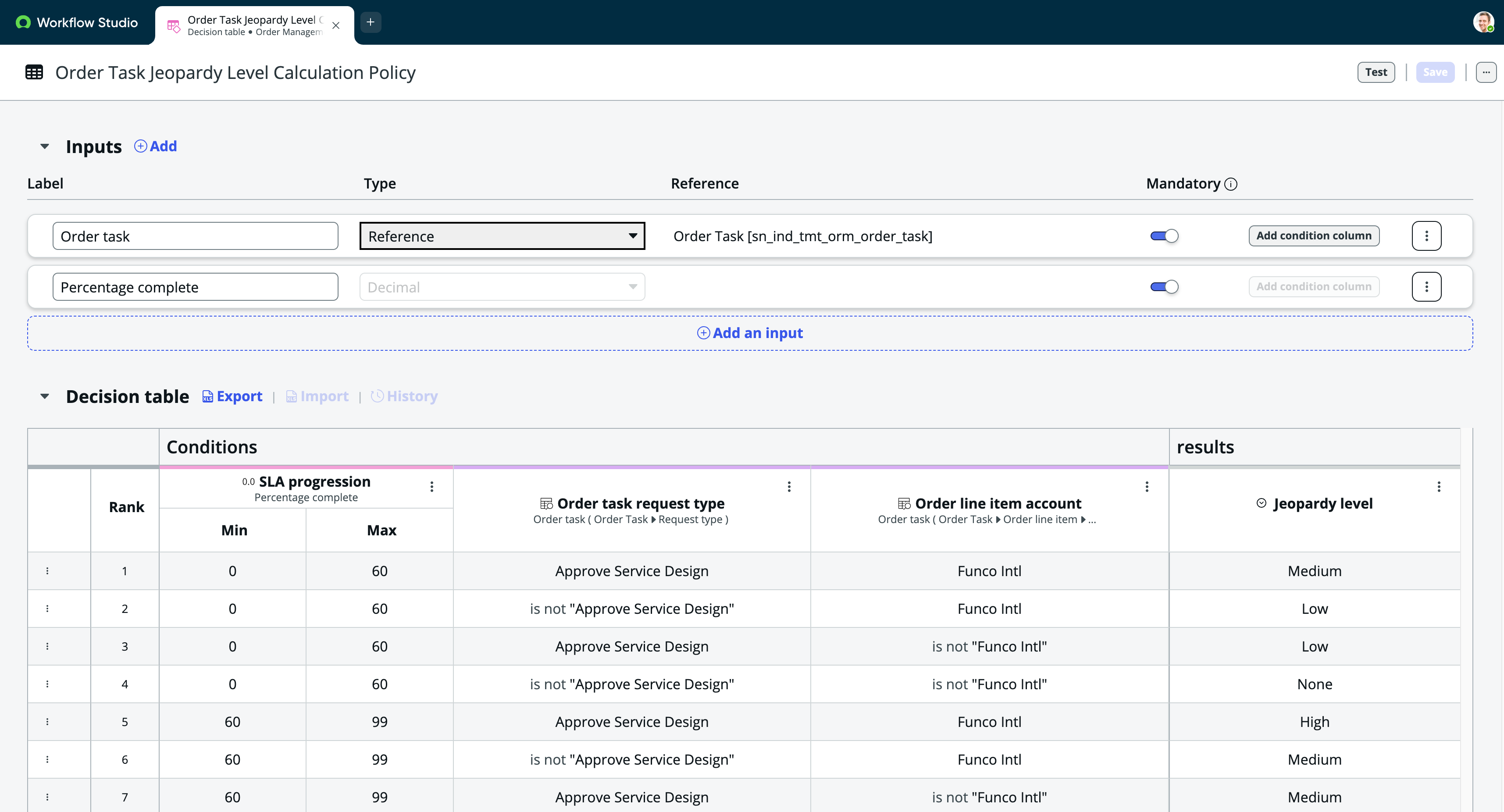 The image shows the Task Jeopardy Level Calculation Policy window in Workflow Studio.