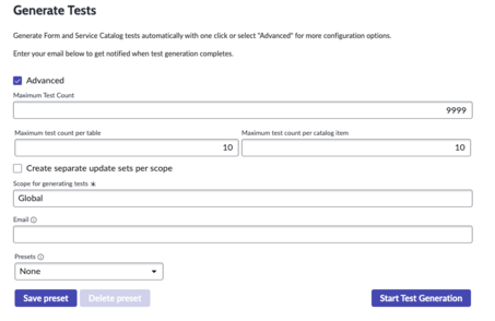 Generate Tests screen.