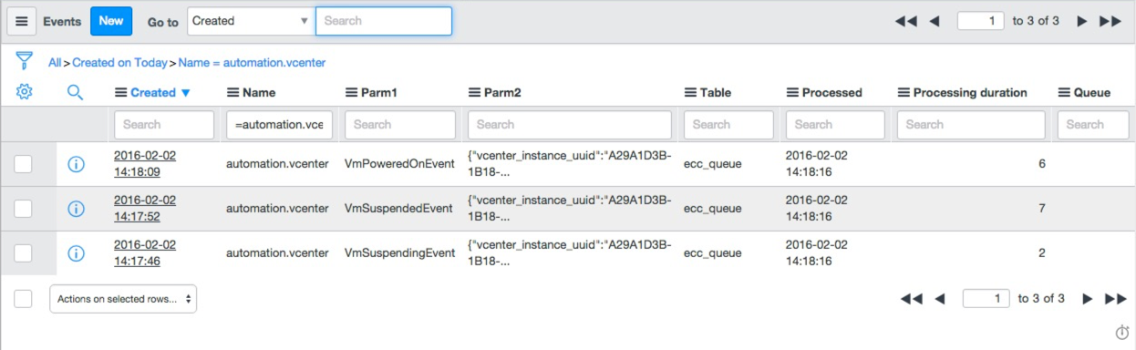 Log entries for vCenter events