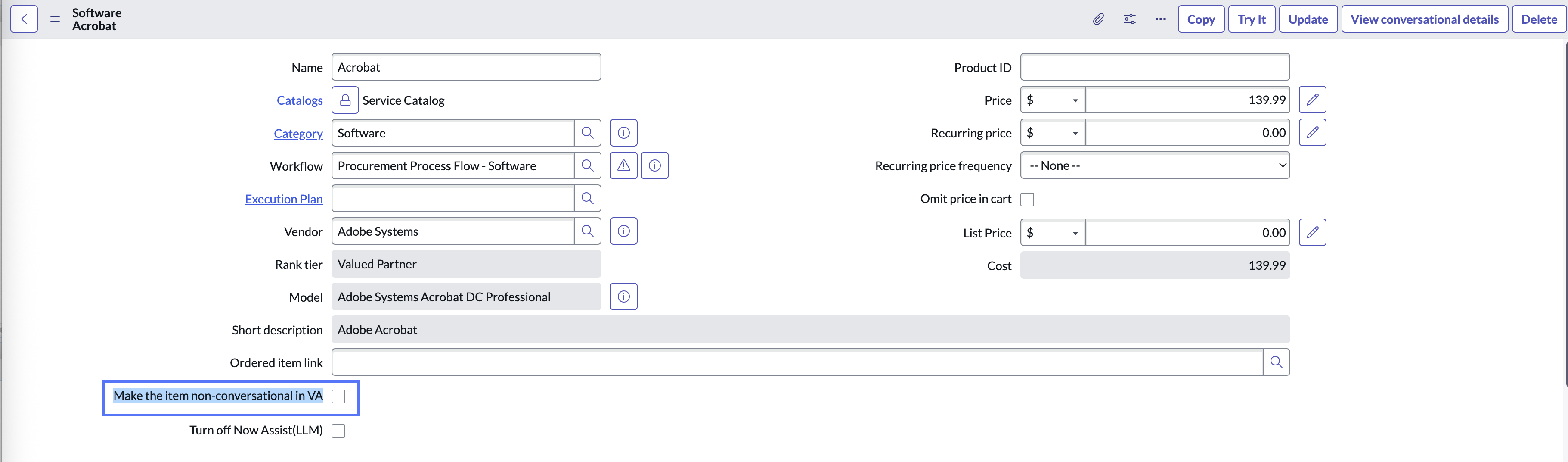 Make the item non-conversational in VA check box.