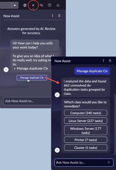Start the manage duplicate CIs skill.