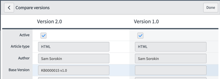 The Compare versions page